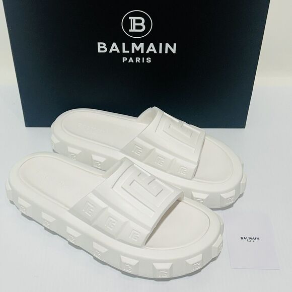 NIB Balmain White Ari Men Rubber Slip On Slides Sandal Embossed Logo 43/ 10 US - Picture 6 of 15